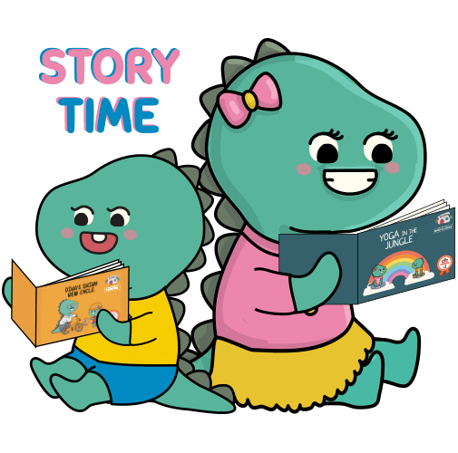 Two dinosaurs reading books with the word "Story Time" above.