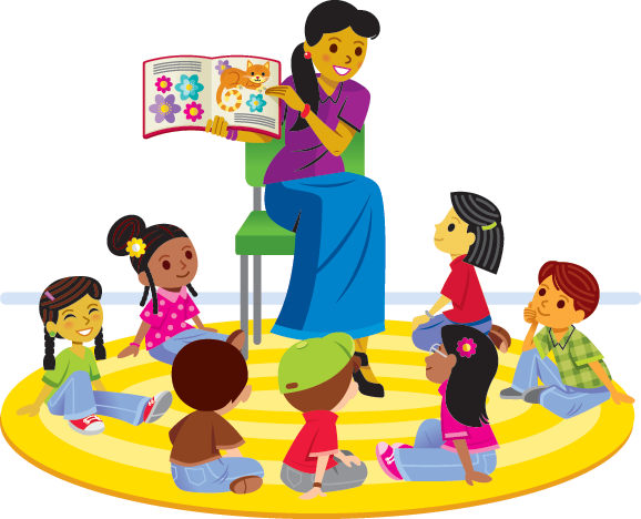 Children sit in a circle while a person reads a picture book to them