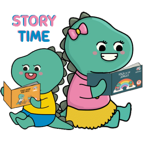 Two dinosaurs reading books with the word "Story Time" above.