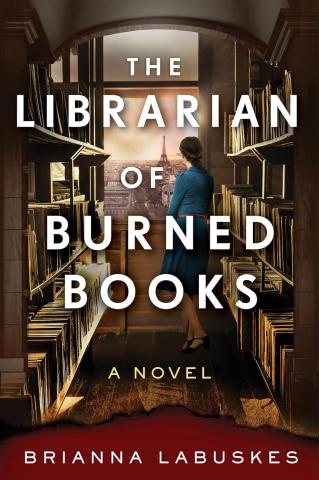 Cover of The Librarian of Burned Books featuring a women in a aisle of books