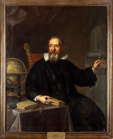 Painting of Galileo seated with a globe and book next to him.