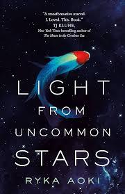 Image of the cover of the book "Light from Uncommon Stars." The cover is dark blue with a koi fish.