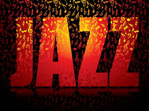 The word "Jazz" in orange and red with musical notes lit up