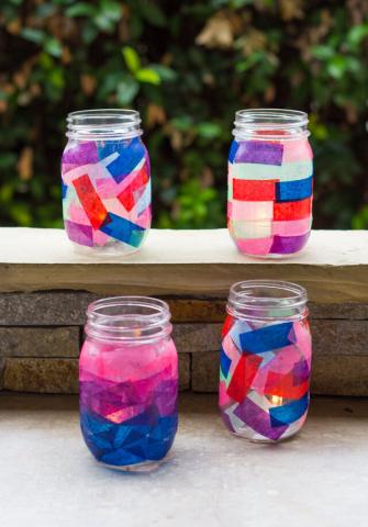 Mason jars with tissue paper painted on