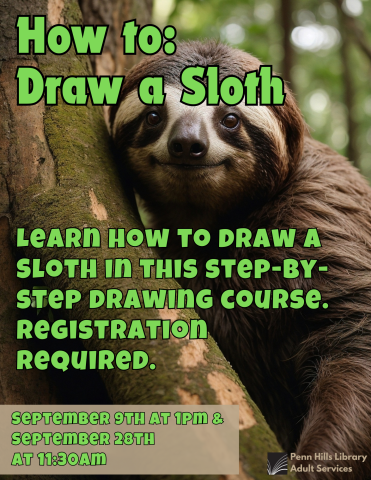 Image of flyer with sloth in the background.  