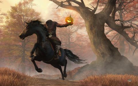 Image of headless horseman riding in the forest