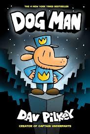 The cover of the first Dog Man book in the series where Dog Man stands tall in uniform above a city background