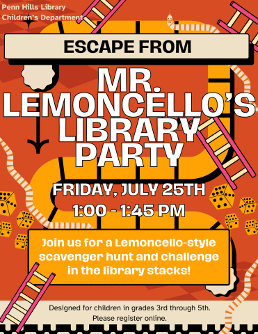 A colorful flyer for Escape from Mr. Lemoncello's Library Party with information about the program and when it occurs.