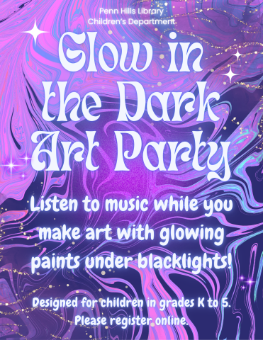 A colorful flyer for Glow in the Dark Art Party with information about the program and when it occurs.