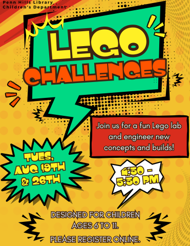 A colorful flyer for Lego Challenges with information about the program and when it occurs.