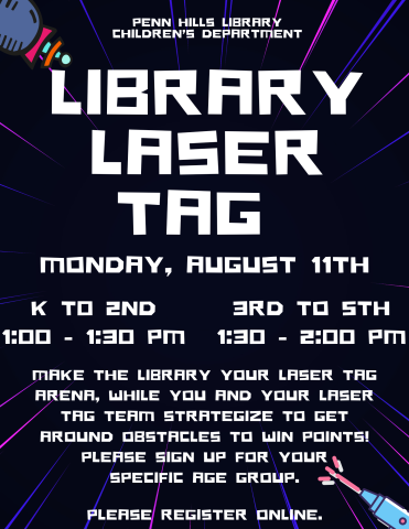 A colorful flyer for Library Laser Tag with information about the program and when it occurs.
