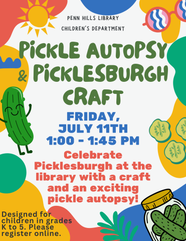 A colorful flyer for Pickle Autopsy and Picklesburgh Craft with information about the program and when it occurs.