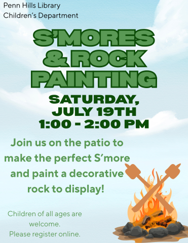A colorful flyer for S'mores and Rock Painting with information about the program and when it occurs.