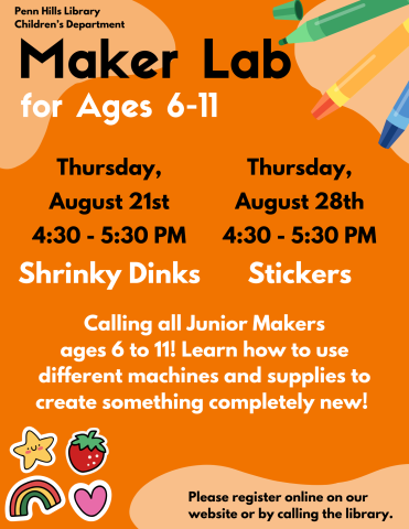 A colorful flyer for Maker Lab with information about the program and when it occurs.