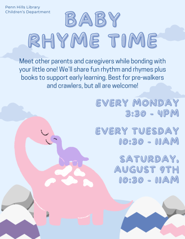 A colorful flyer for Baby Rhyme Time with information about the program and when it occurs.