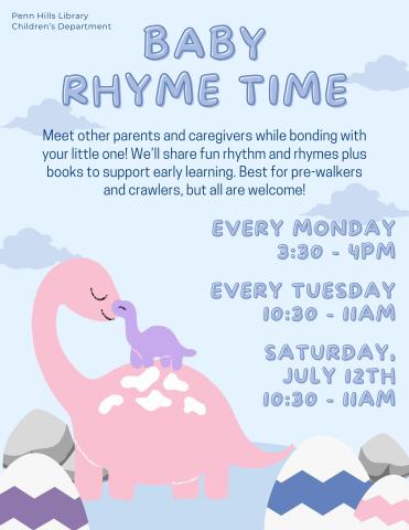 A flyer for Baby Rhyme Time with information about the program and when it occurs.