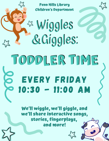A colorful flyer for Wiggles and Giggles: Toddler Time with information about the program and when it occurs.