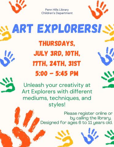 A colorful flyer for Art Explorers with information about the program and when it occurs.