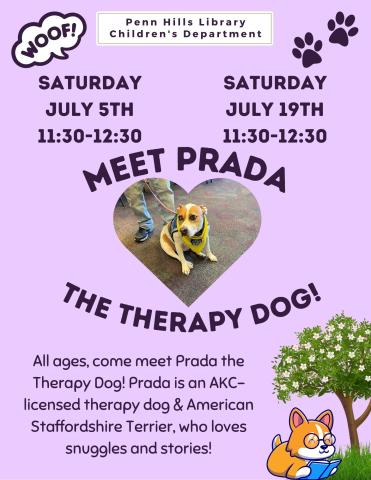 A colorful flyer for Prada the Therapy Dog with information about the program and when it occurs.