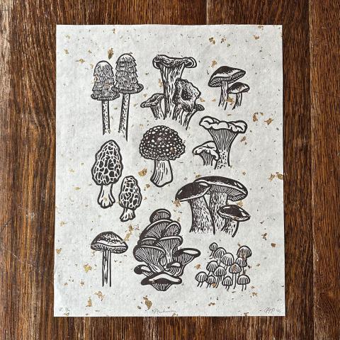 Picture of mushroom designs stamped onto fabric