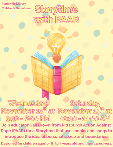 A colorful flyer describing Storytime with PAAR, a children's program at the Penn Hills Library.