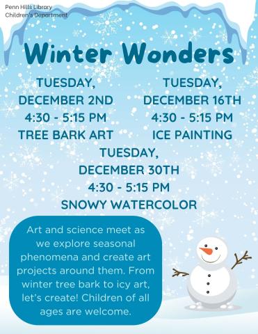 A colorful flyer describing Winter Wonders, a children's program at the Penn Hills Library.