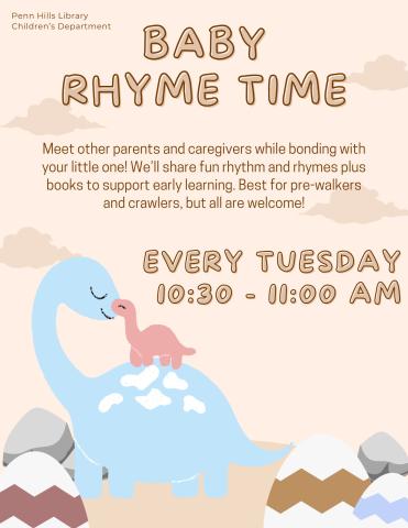 A colorful flyer describing Baby Rhyme Time, a children's program at the Penn Hills Library.