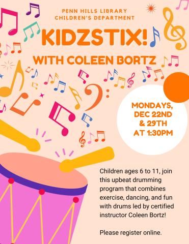 A colorful flyer describing Kidzstix Cardio Drumming, a children's program at the Penn Hills Library.