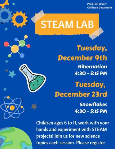 A colorful flyer describing STEAM Lab, a children's program at the Penn Hills Library.