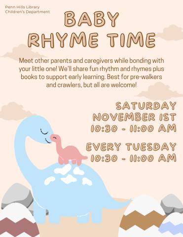 A colorful flyer describing Baby Rhyme Time, a children's program at the Penn Hills Library.