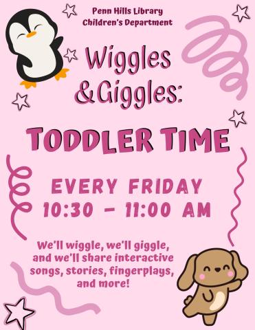 A colorful flyer describing Wiggles and Giggles, a children's program at the Penn Hills Library.