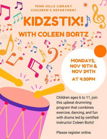 A colorful flyer describing Kidzstix Cardio Drumming, a children's program at the Penn Hills Library.