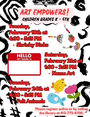 A colorful flyer describing Art Empowers, a children's program at the Penn Hills Library.
