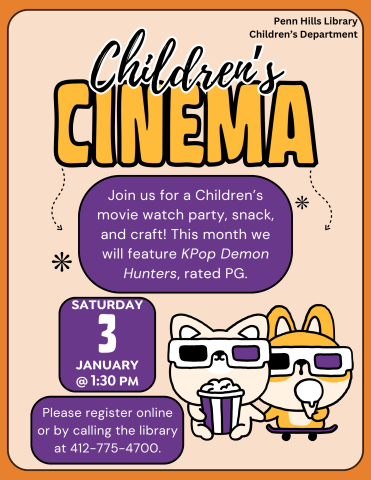 A colorful flyer for Children's Cinema with information about the program and when it occurs.