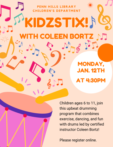A colorful flyer describing Kidzstix Cardio Drumming, a children's program at the Penn Hills Library.