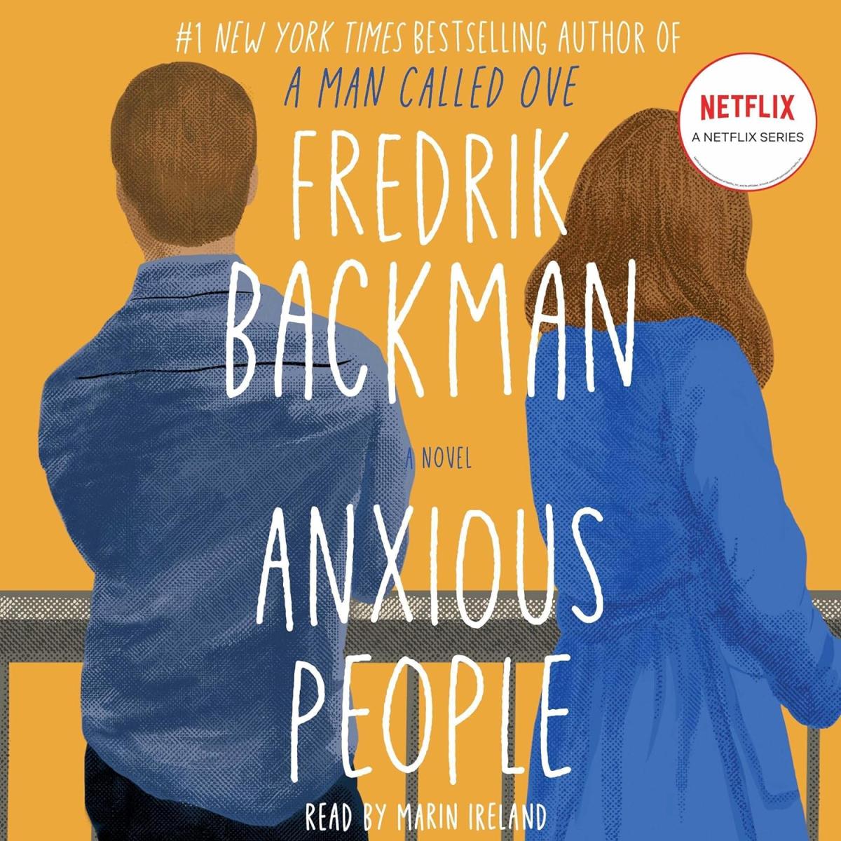 Cover of "Anxious People" with two people on the cover facing away from the viewer