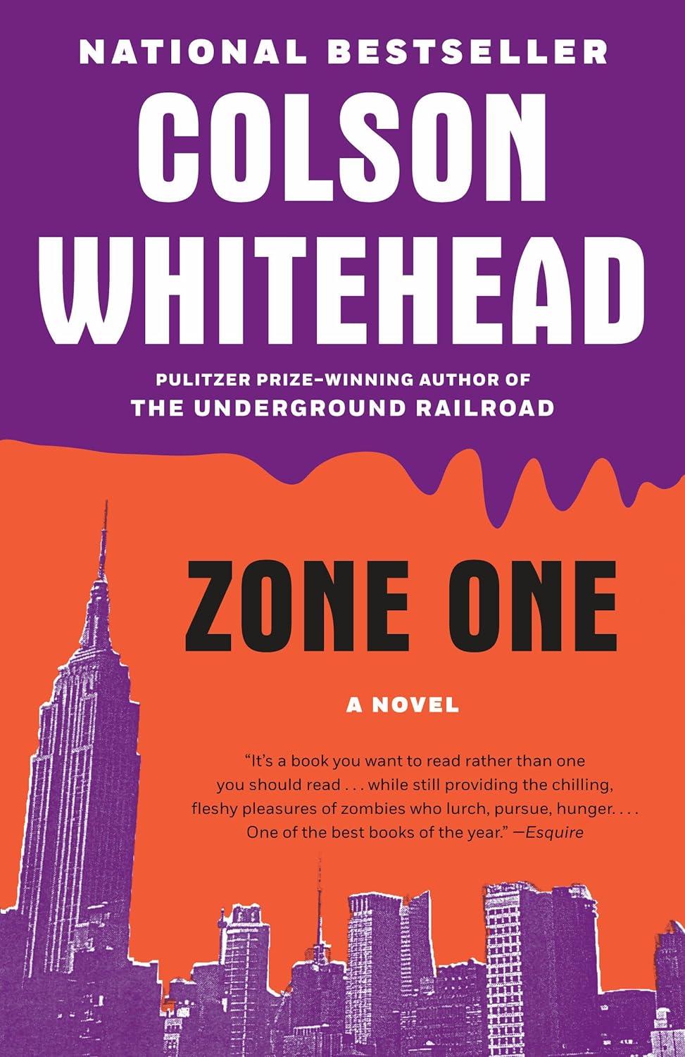 Image of book cover for "Zone One" with purple buildings and orange sky