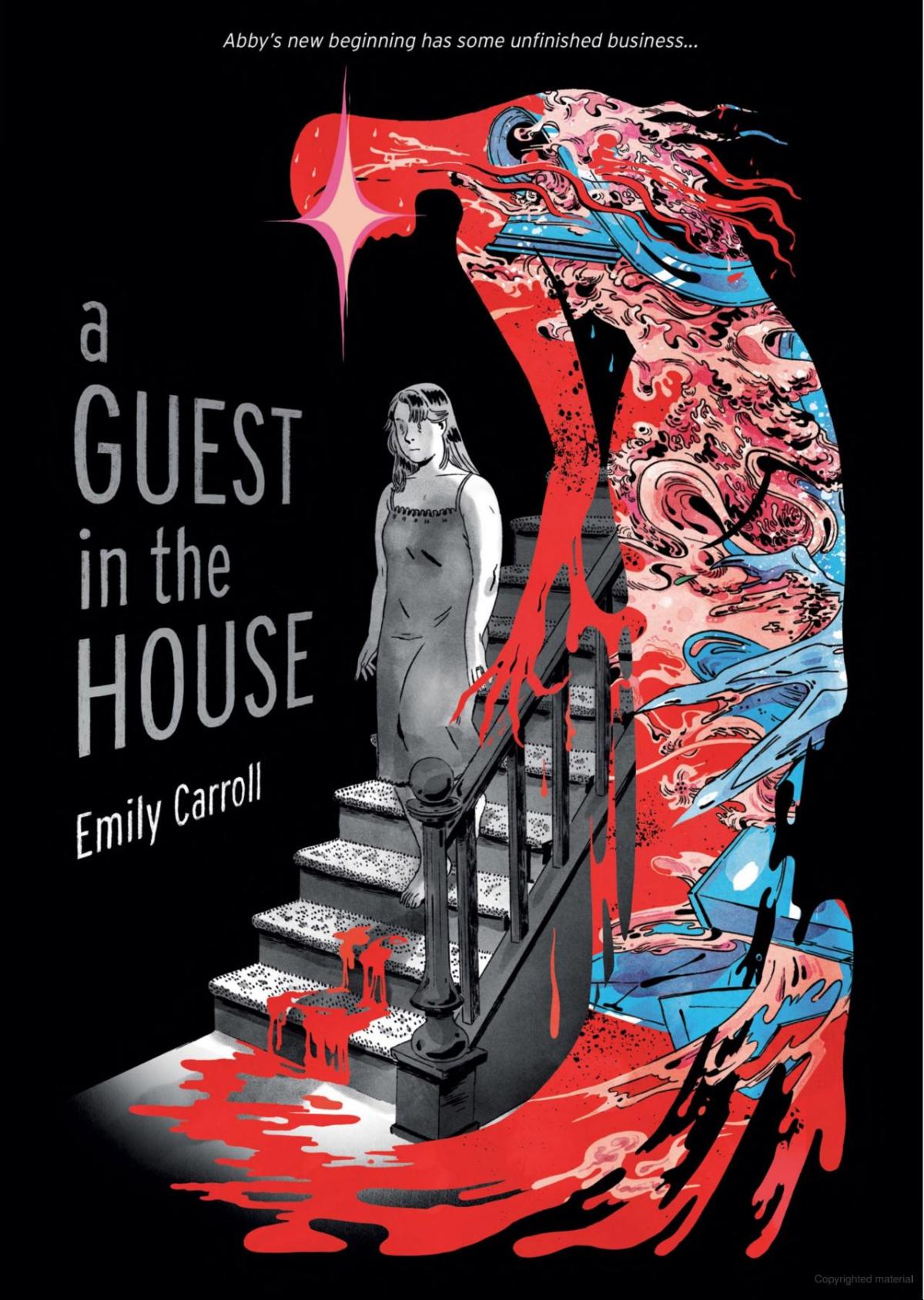 Cover of A Guest in the House.  Image of person walking down stairs with outline of person surrounding them.