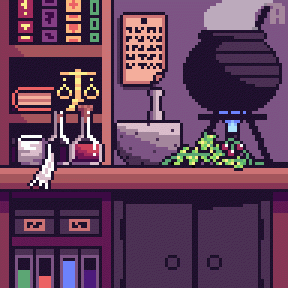 Apothecary with potion vials bouncing