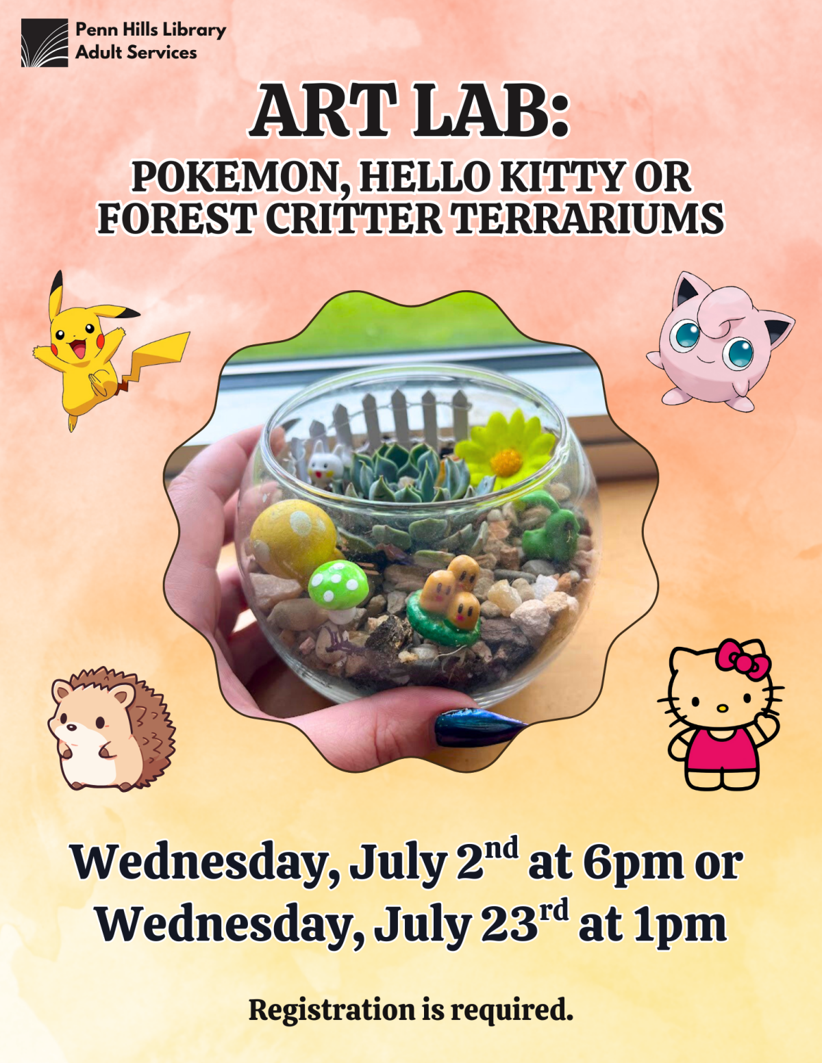 Art Lab: Pokemon, Hello Kitty, or Forest Critter Terrariums flyer