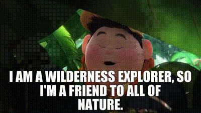 Boy surrounded by leaves saying "I am a wilderness explorer so I'm a friend to all of nature."