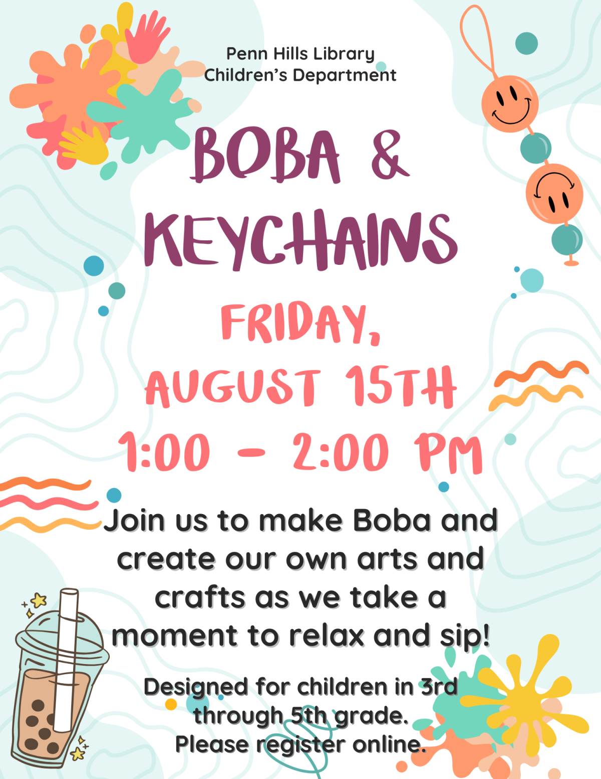 A colorful flyer for Boba and Keychains with information about the program and when it occurs.