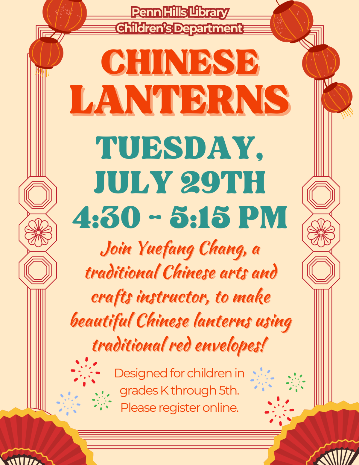 A colorful flyer for Chinese Lanterns with information about the program and when it occurs.