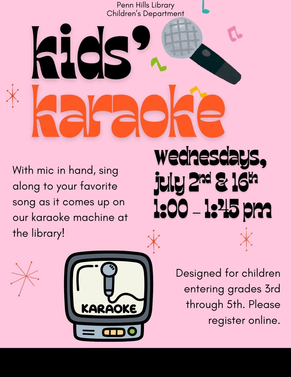 A colorful flyer for Kid's Karaoke with information about the program and when it occurs.