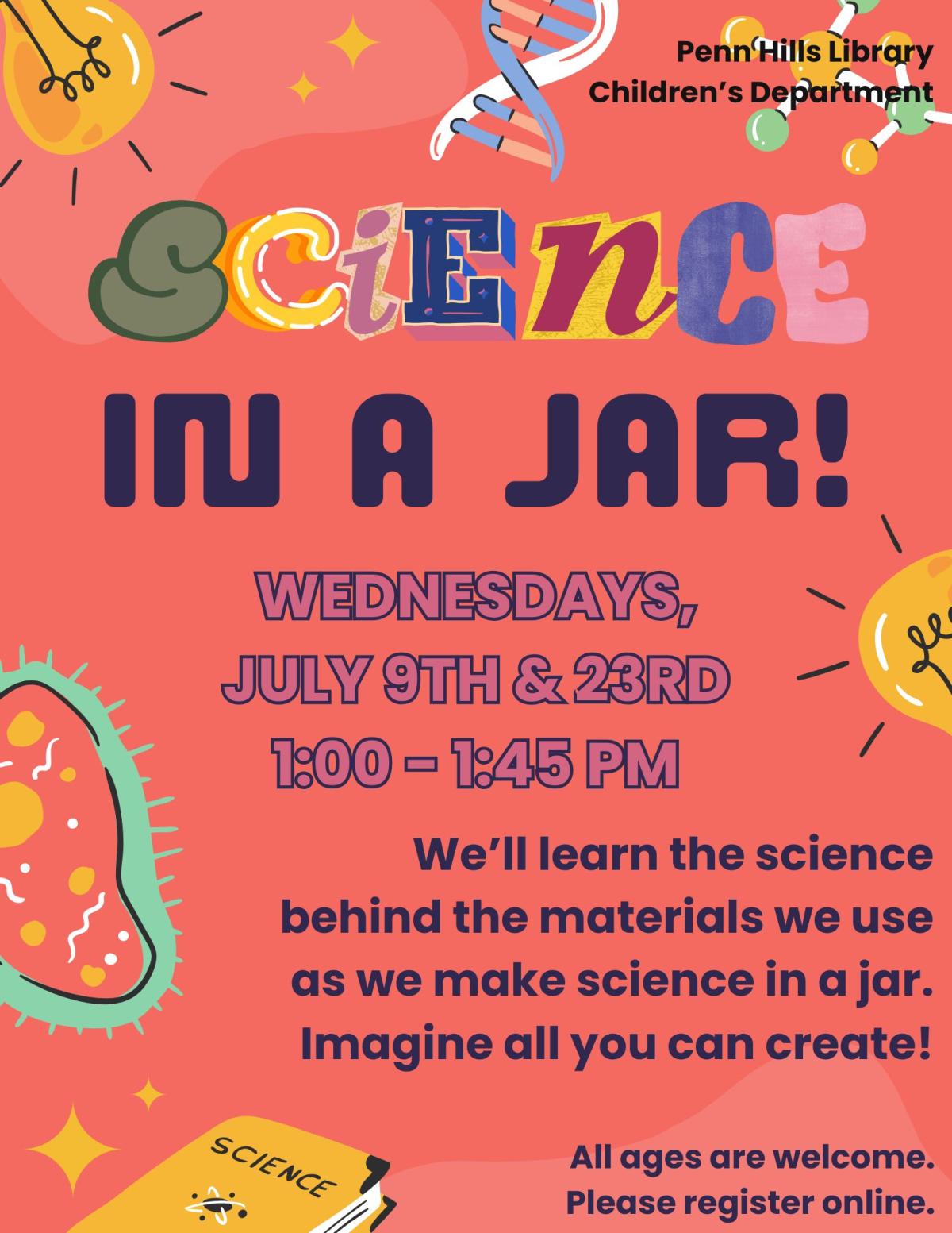 A colorful flyer for Science in A Jar with information about the program and when it occurs.
