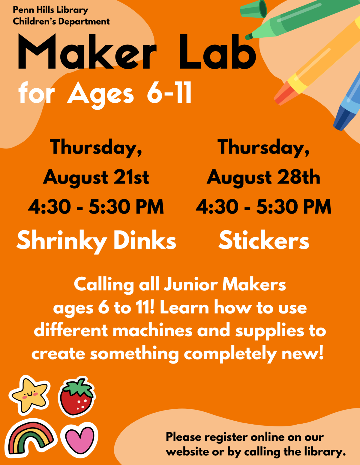 A colorful flyer for Maker Lab with information about the program and when it occurs.