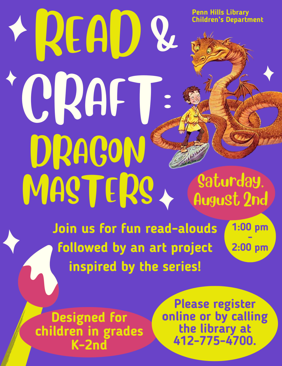 A colorful flyer for Read and Craft with information about the program and when it occurs.
