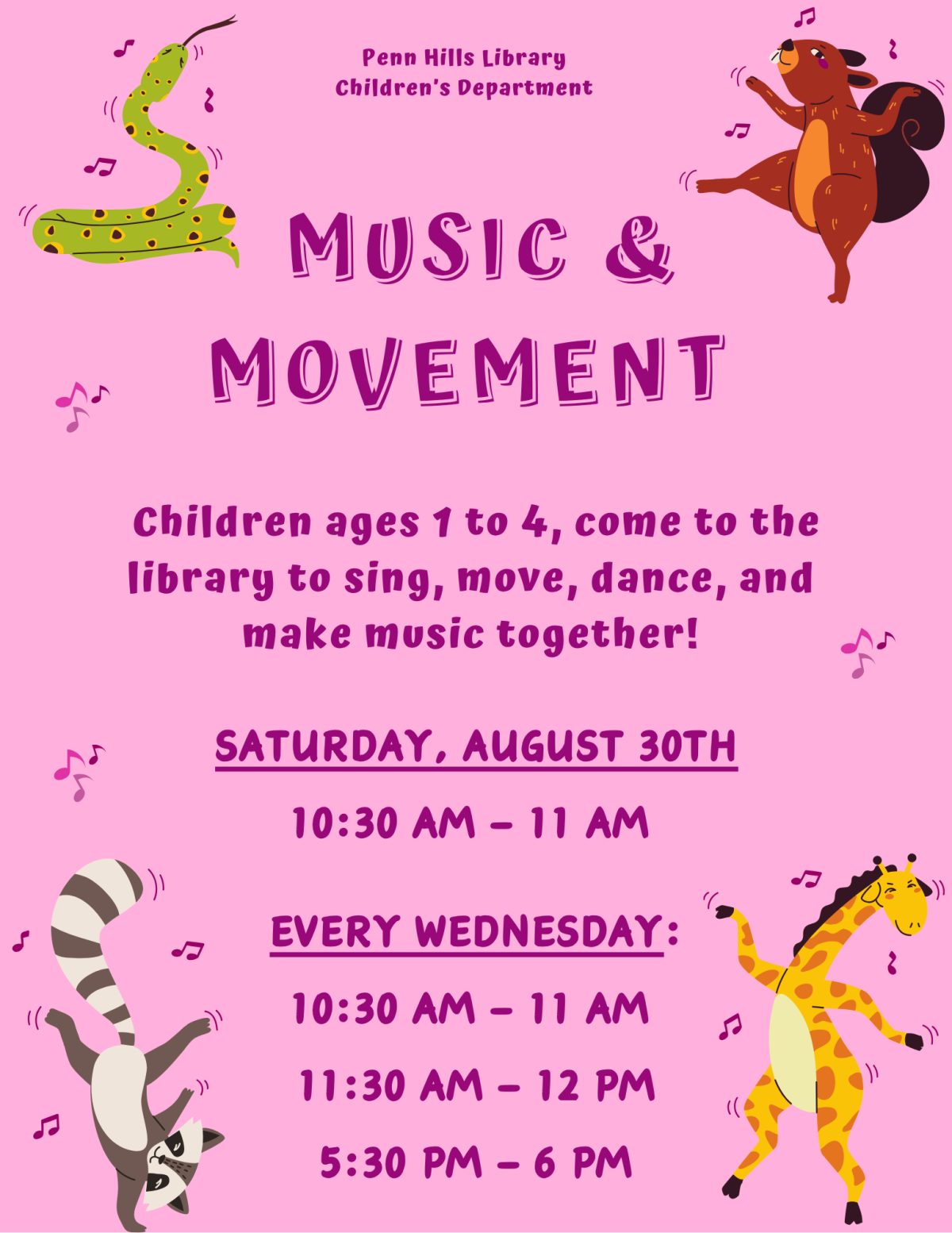 A colorful flyer for Music and Movement with information about the program and when it occurs.
