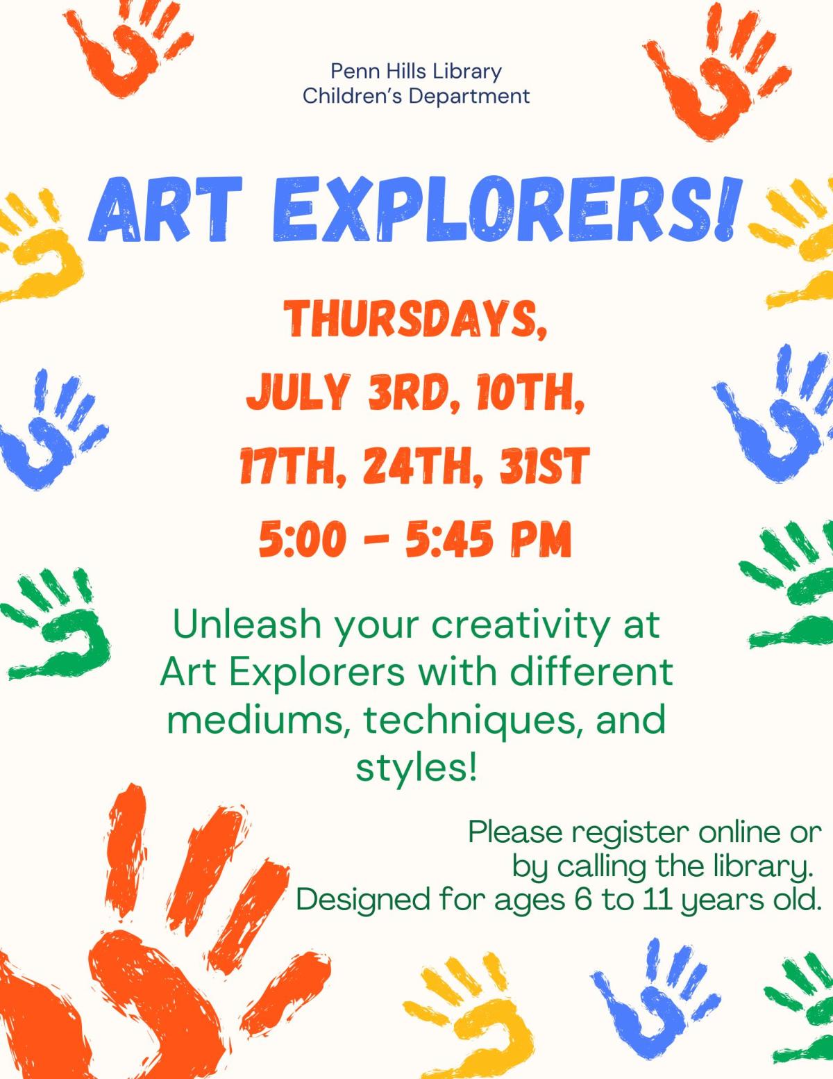 A colorful flyer for Art Explorers with information about the program and when it occurs.