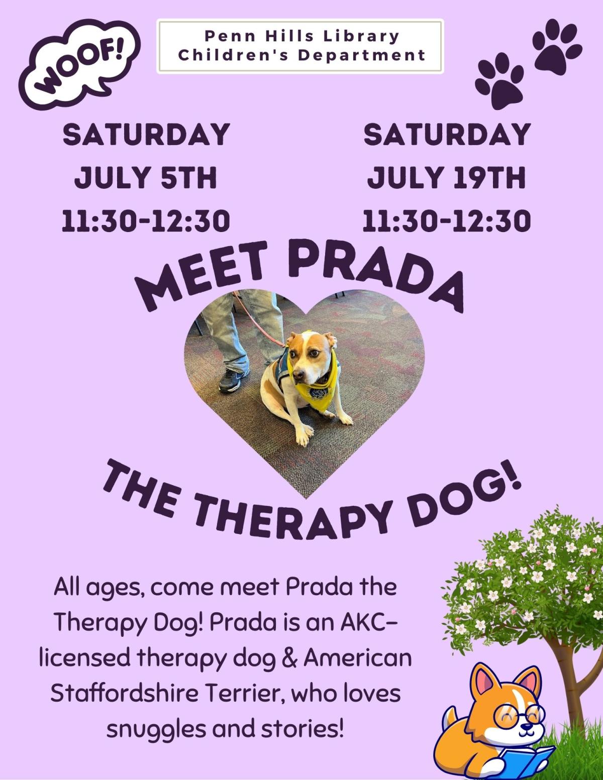 A colorful flyer for Prada the Therapy Dog with information about the program and when it occurs.
